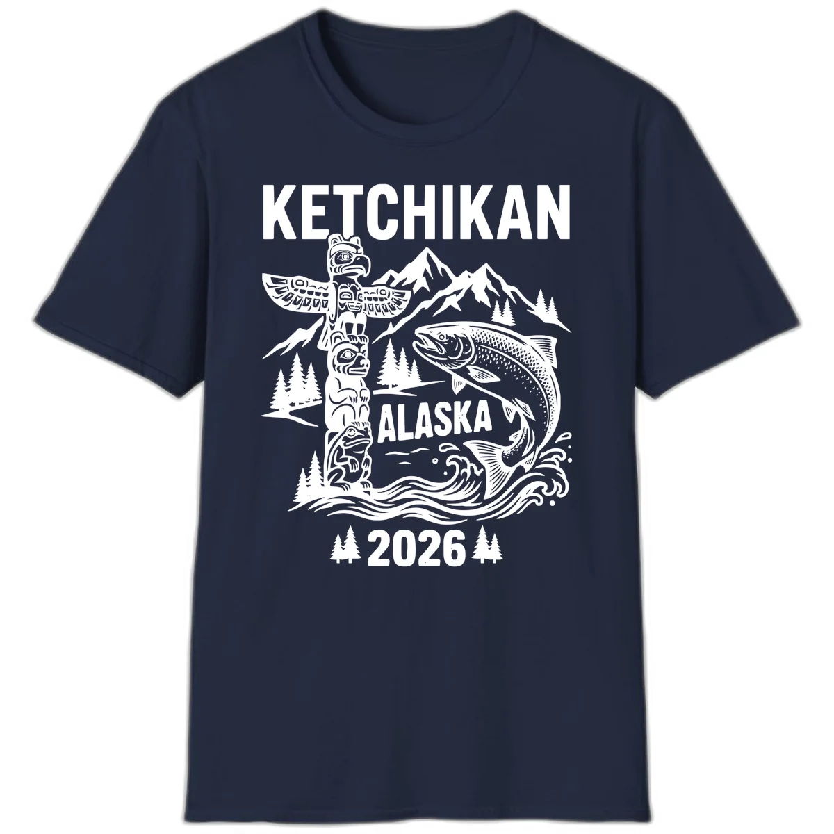 Ketchikan Alaska Totem and Salmon Scene 2026 T-Shirt in Navy