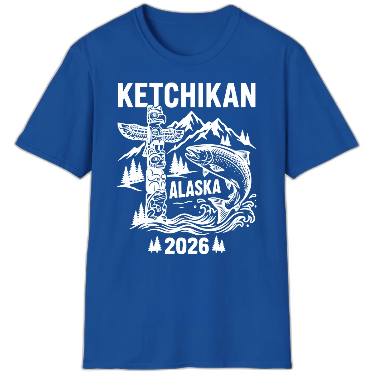 Ketchikan Alaska Totem and Salmon Scene 2026 T-Shirt in Royal