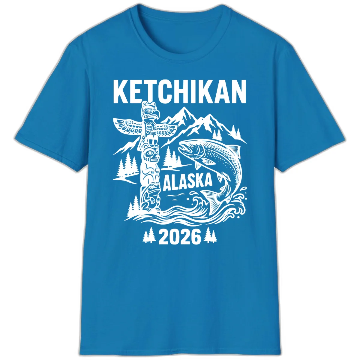 Ketchikan Alaska Totem and Salmon Scene 2026 T-Shirt in Sapphire
