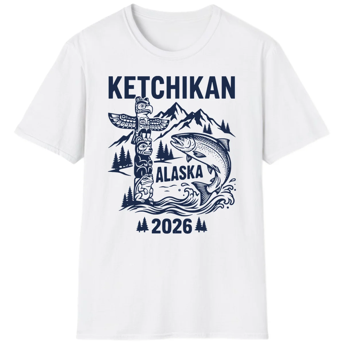 Ketchikan Alaska Totem and Salmon Scene 2026 T-Shirt in White