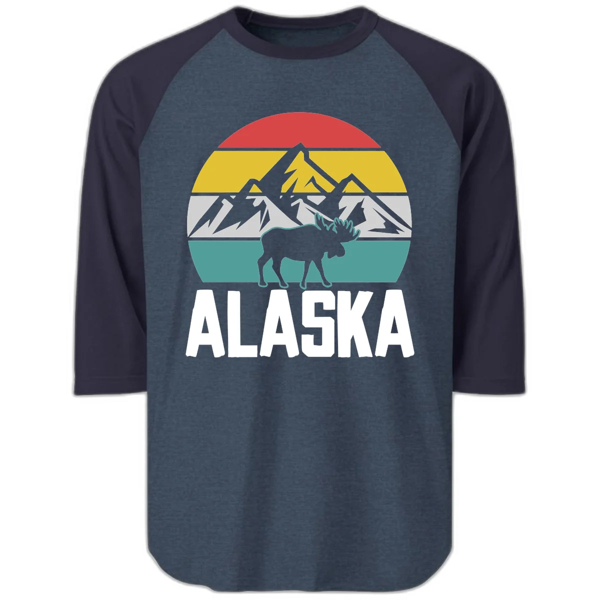 Moose Mountain Wilderness Alaska Raglan 3/4 in Heather Denim Navy