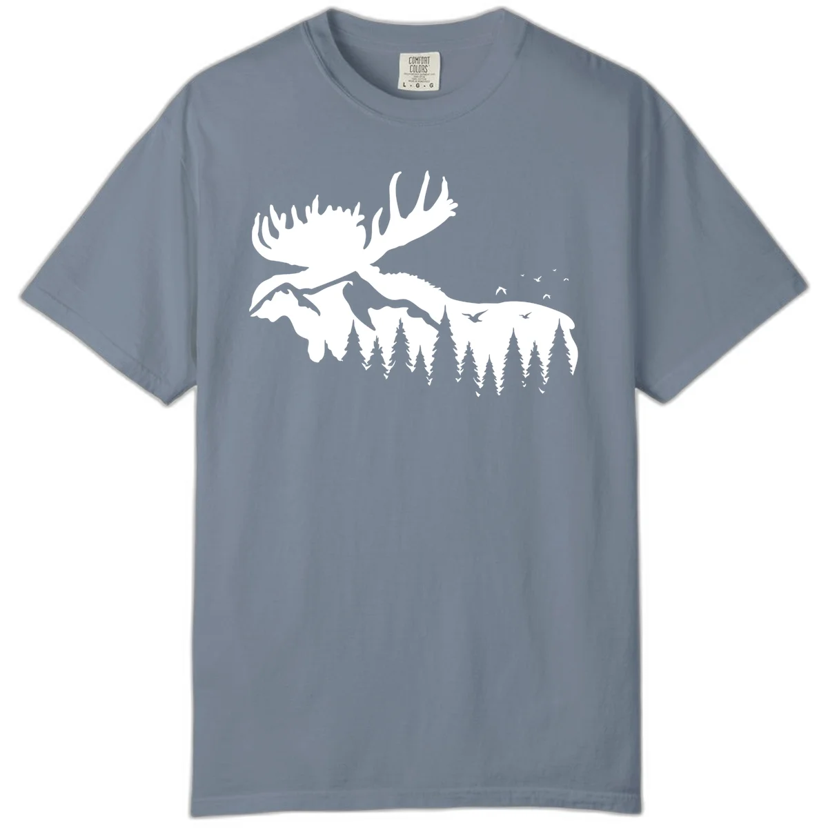 Moose Mountain Forest Silhouette Comfort Color in Blue Jean