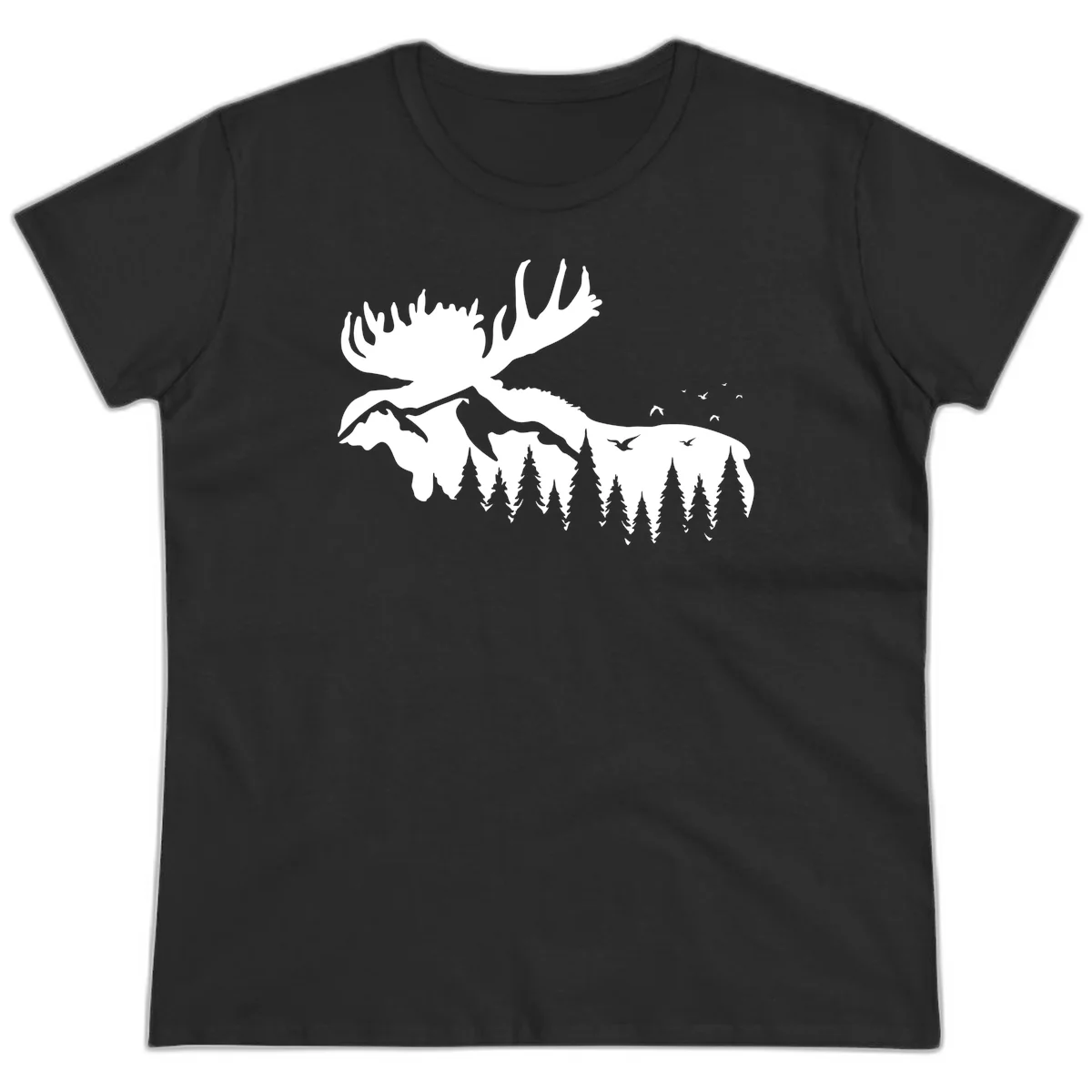 Moose Mountain Forest Silhouette Ladies Tee in Black