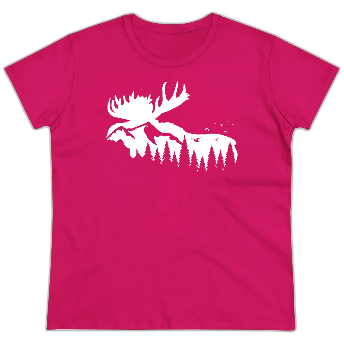 Moose Mountain Forest Silhouette Ladies Tee in Heliconia