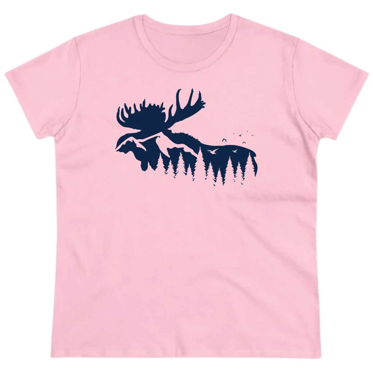 Moose Mountain Forest Silhouette Ladies Tee in Light Pink