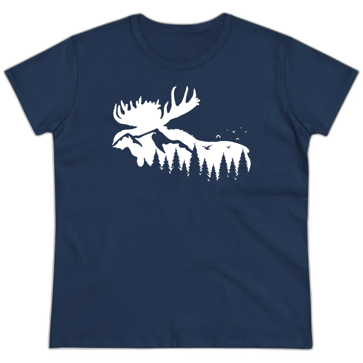 Moose Mountain Forest Silhouette Ladies Tee in Navy
