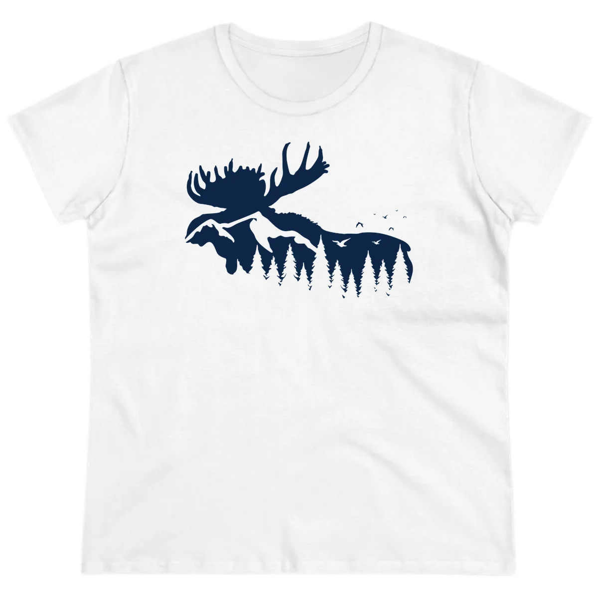 Moose Mountain Forest Silhouette Ladies Tee in White
