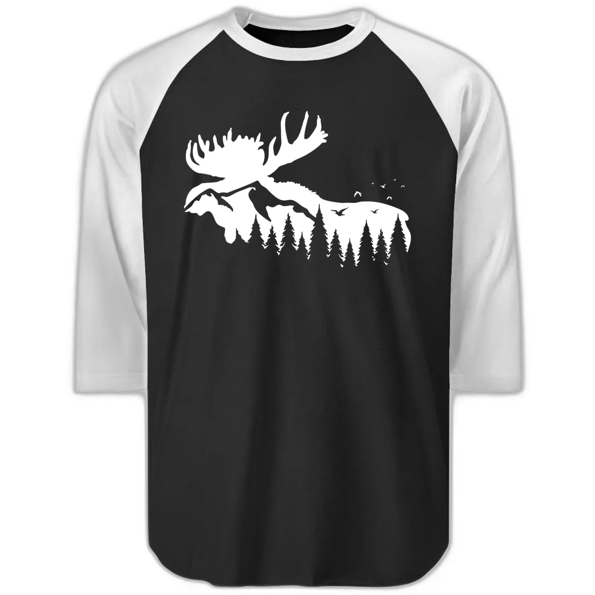 Moose Mountain Forest Silhouette Raglan 3/4 in Black White