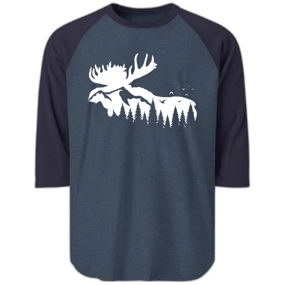 Moose Mountain Forest Silhouette Raglan 3/4 in Heather Denim Navy