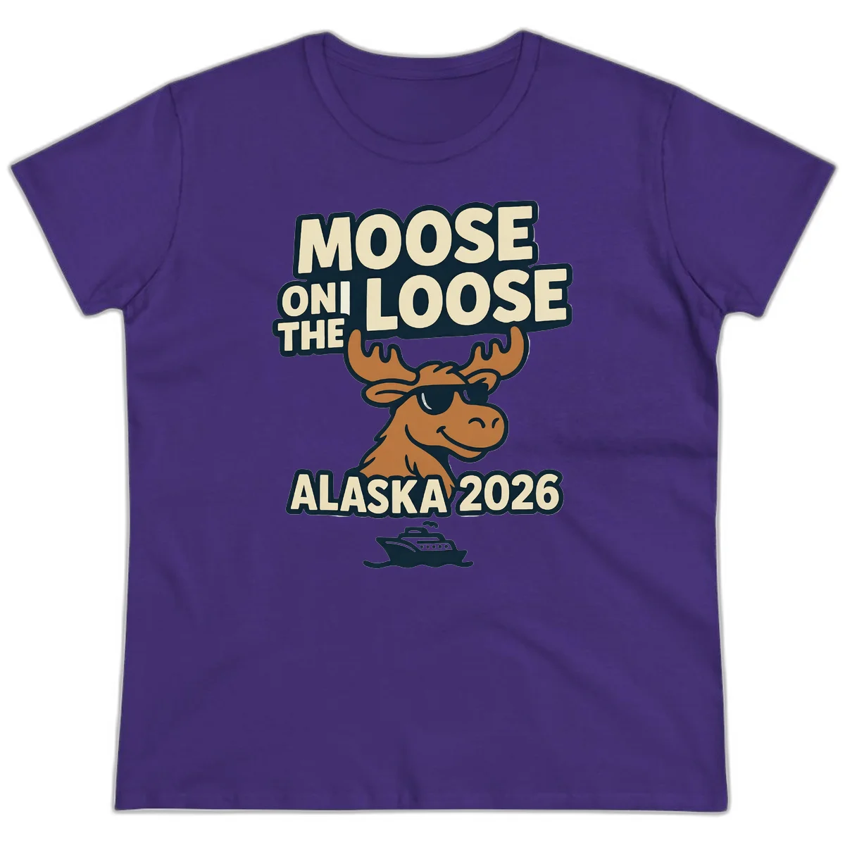 Moose On The Loose Alaska 2026 Cruise Design Ladies Tee in Purple