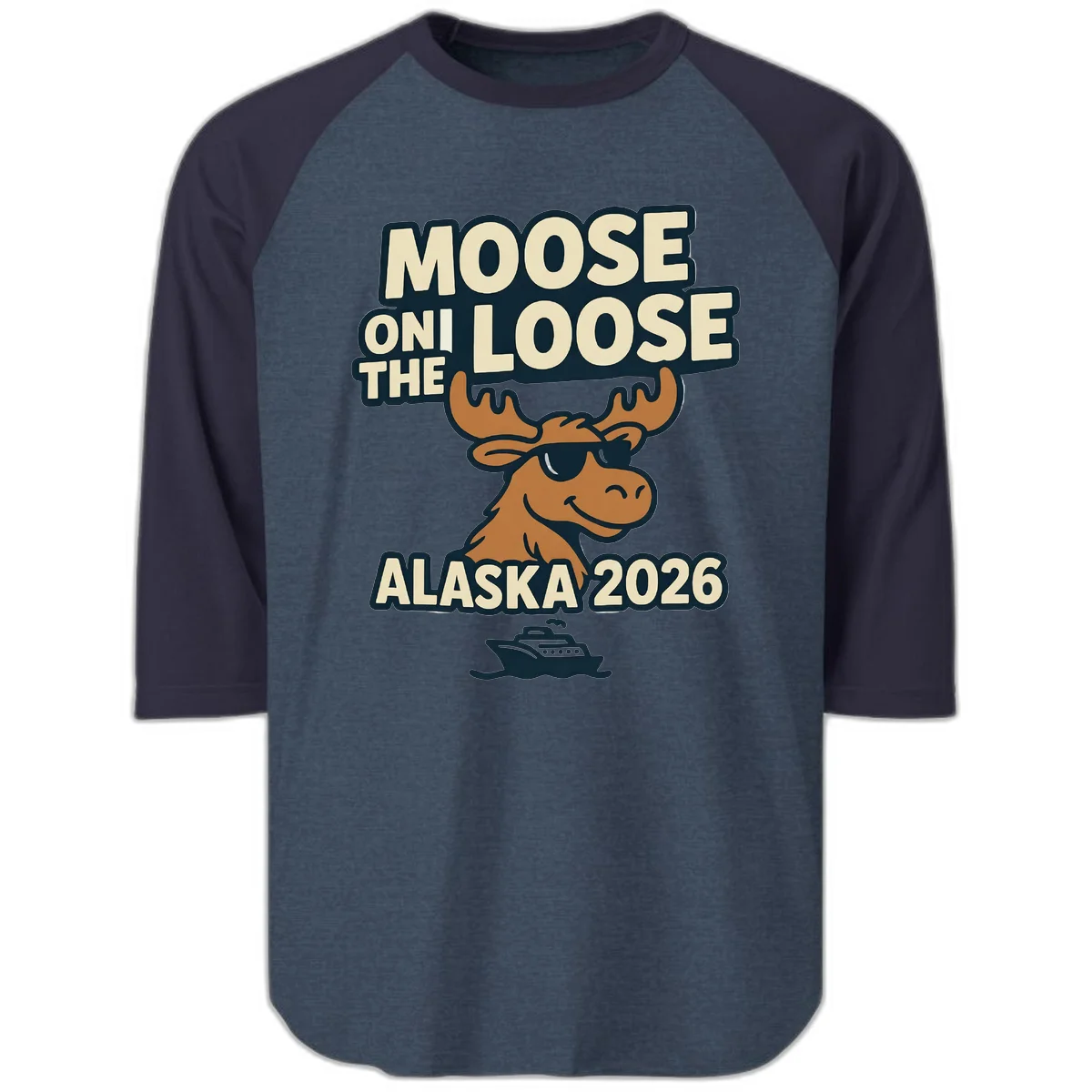 Moose On The Loose Alaska 2026 Cruise Design Raglan 3/4 in Heather Denim Navy