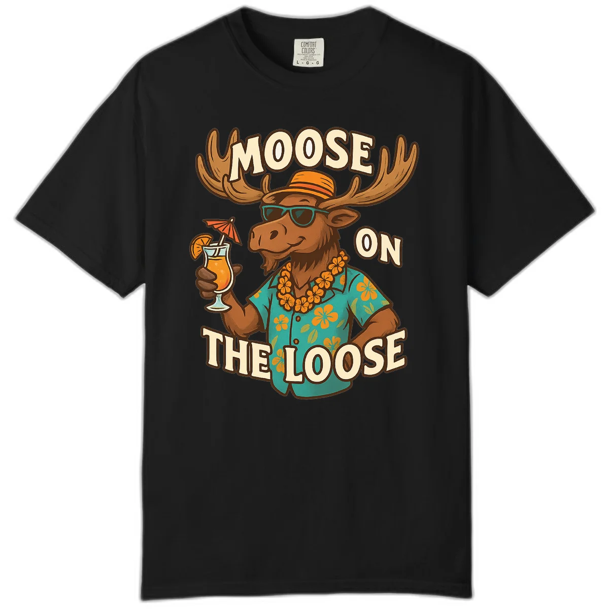 Moose On The Loose Tropical Comfort Color T-Shirt in Black