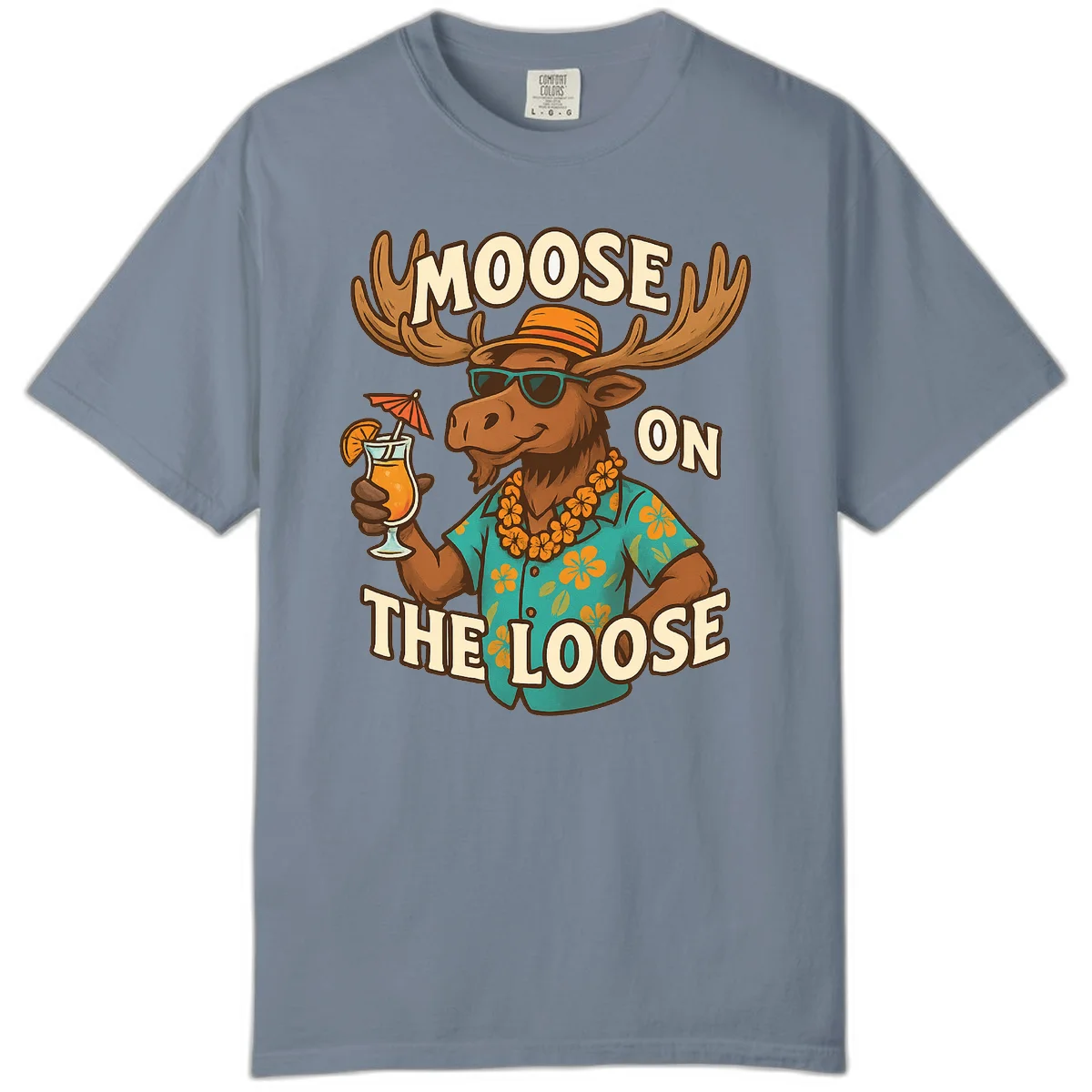 Moose On The Loose Tropical Comfort Color T-Shirt in Blue Jean