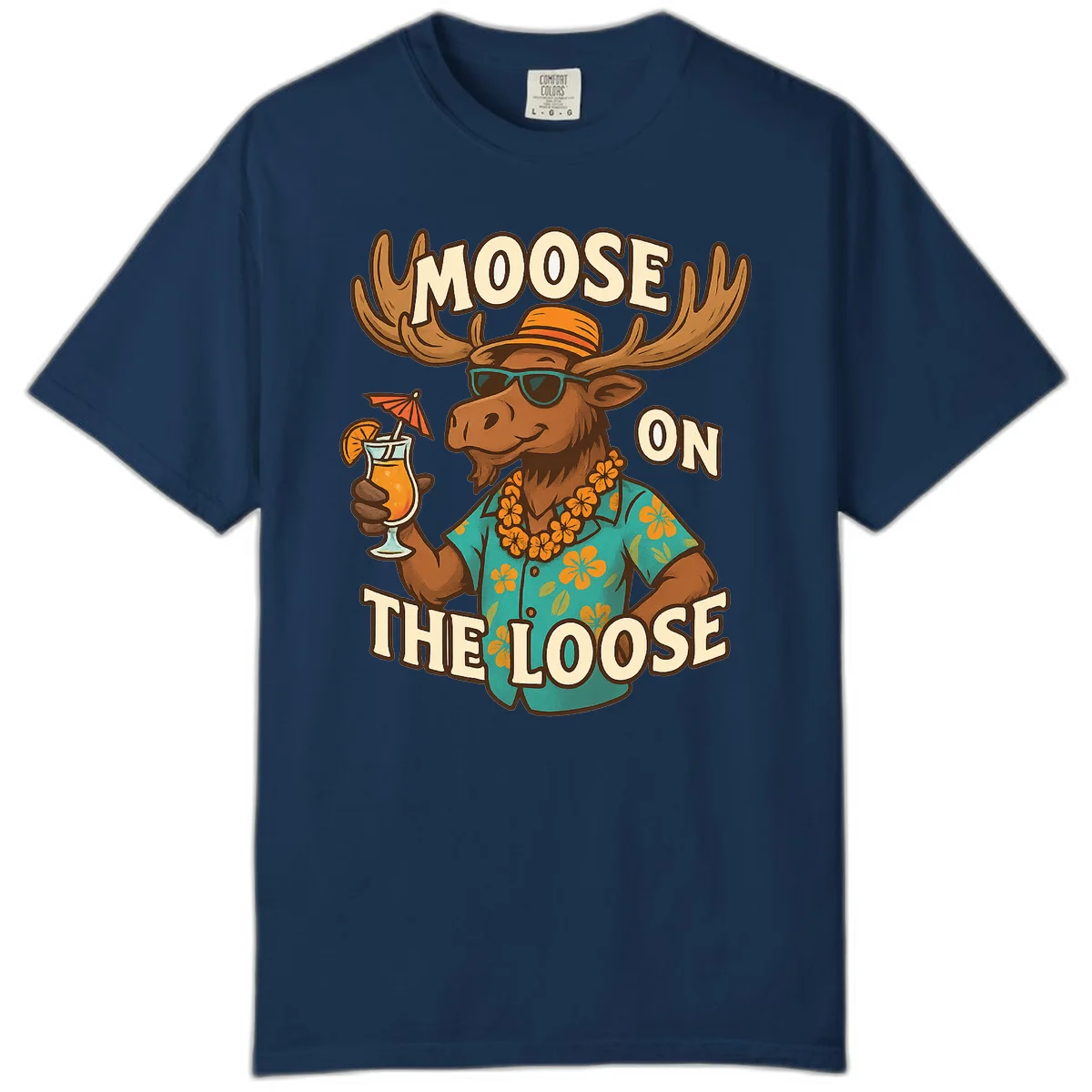 Moose On The Loose Tropical Comfort Color T-Shirt in Navy