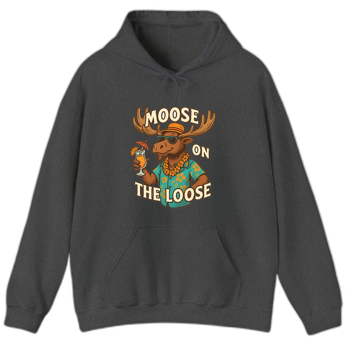 Moose On The Loose Tropical Vacation Hoodie in Dark Heather