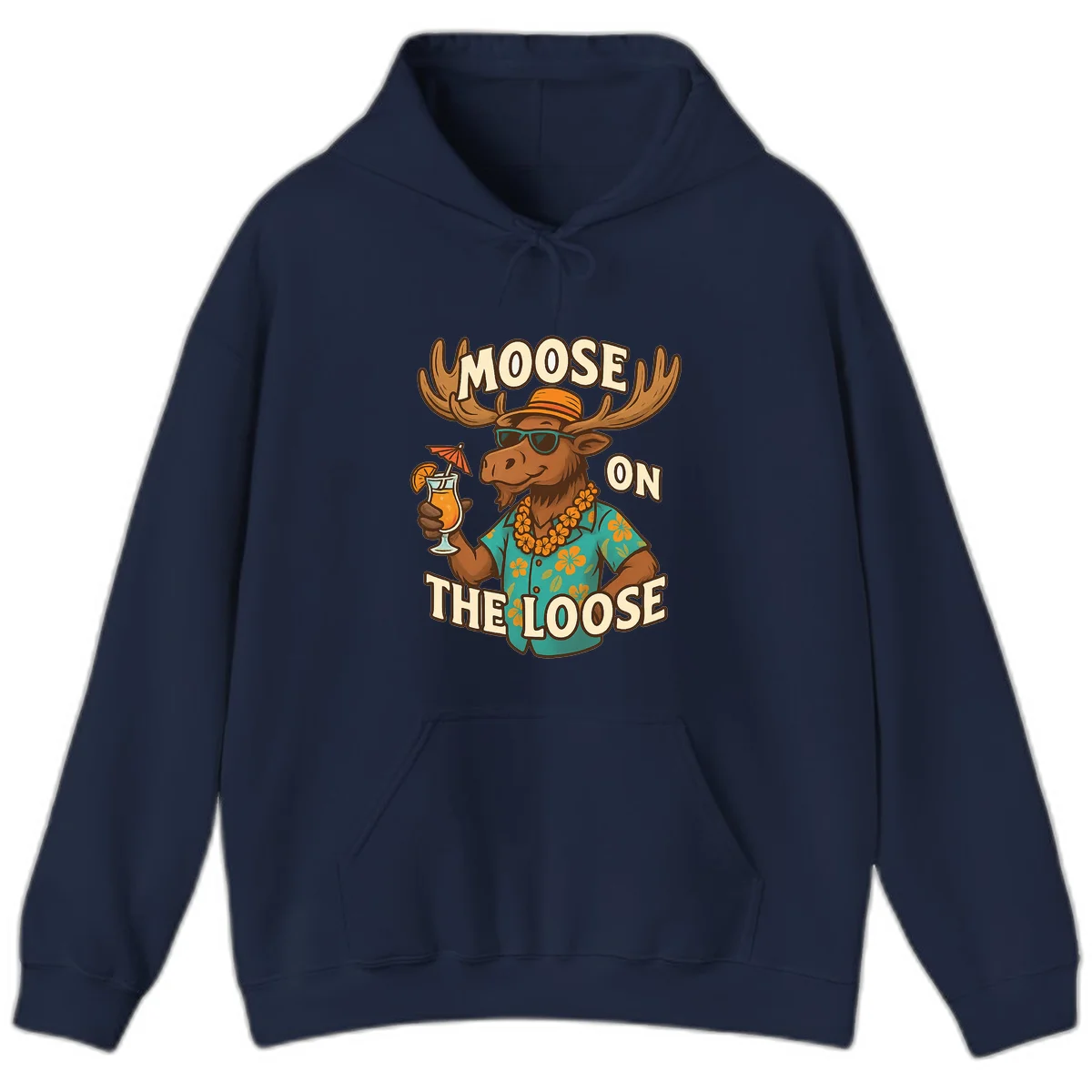 Moose On The Loose Tropical Vacation Hoodie in Navy