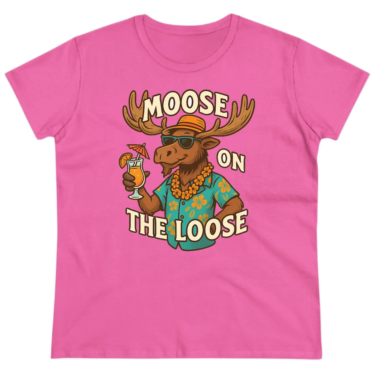 Moose On The Loose Tropical Vacation Ladies Tee in Azalea