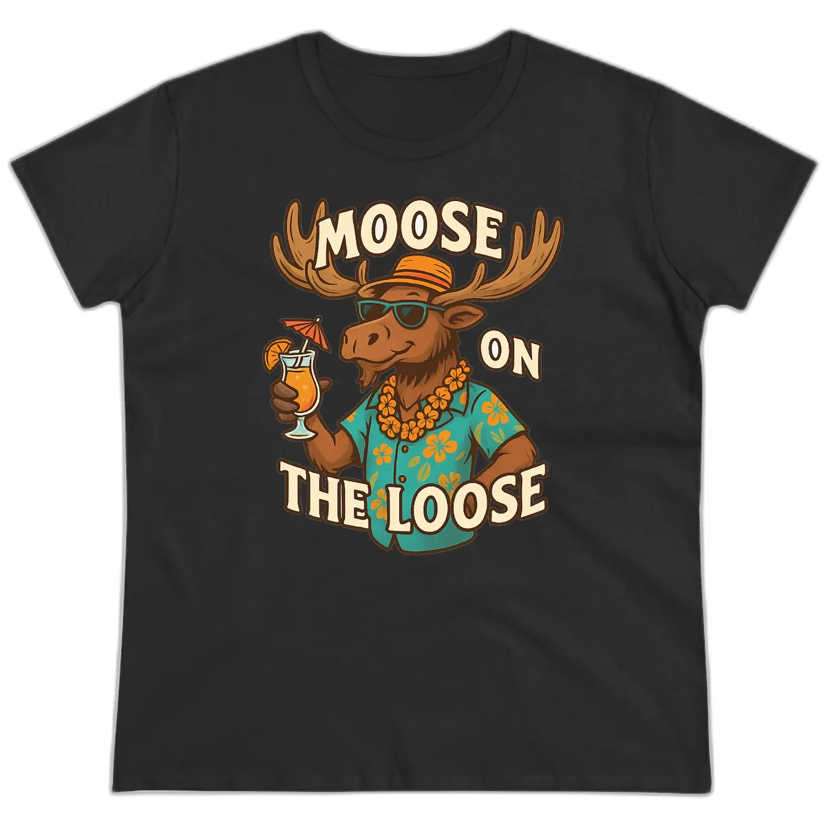 Moose On The Loose Tropical Vacation Ladies Tee in Black