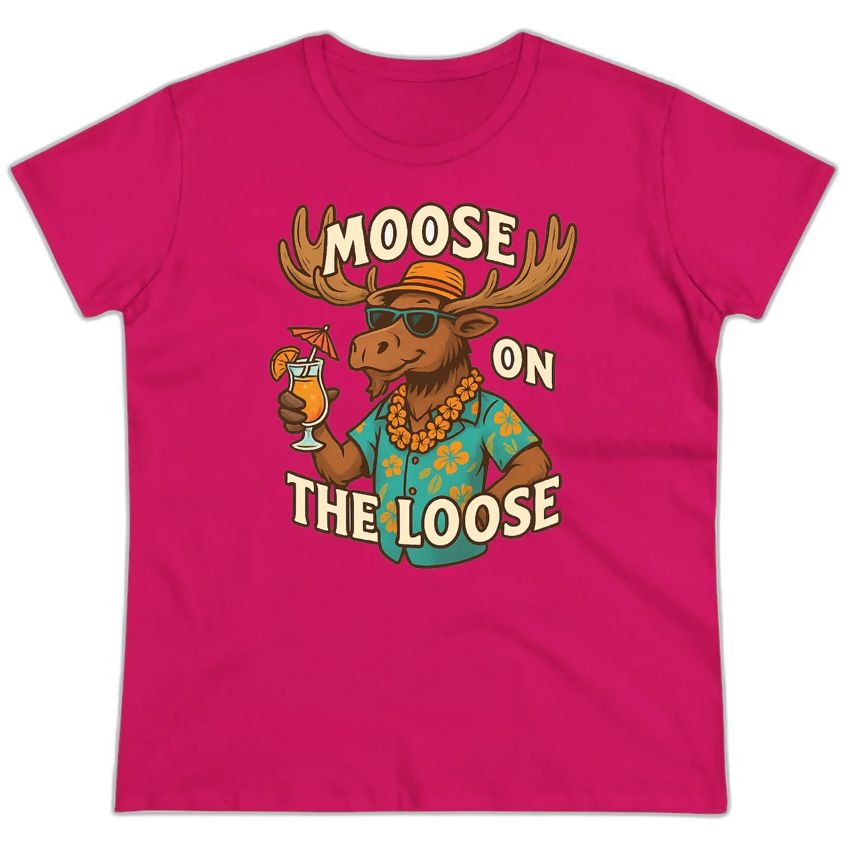 Moose On The Loose Tropical Vacation Ladies Tee in Heliconia