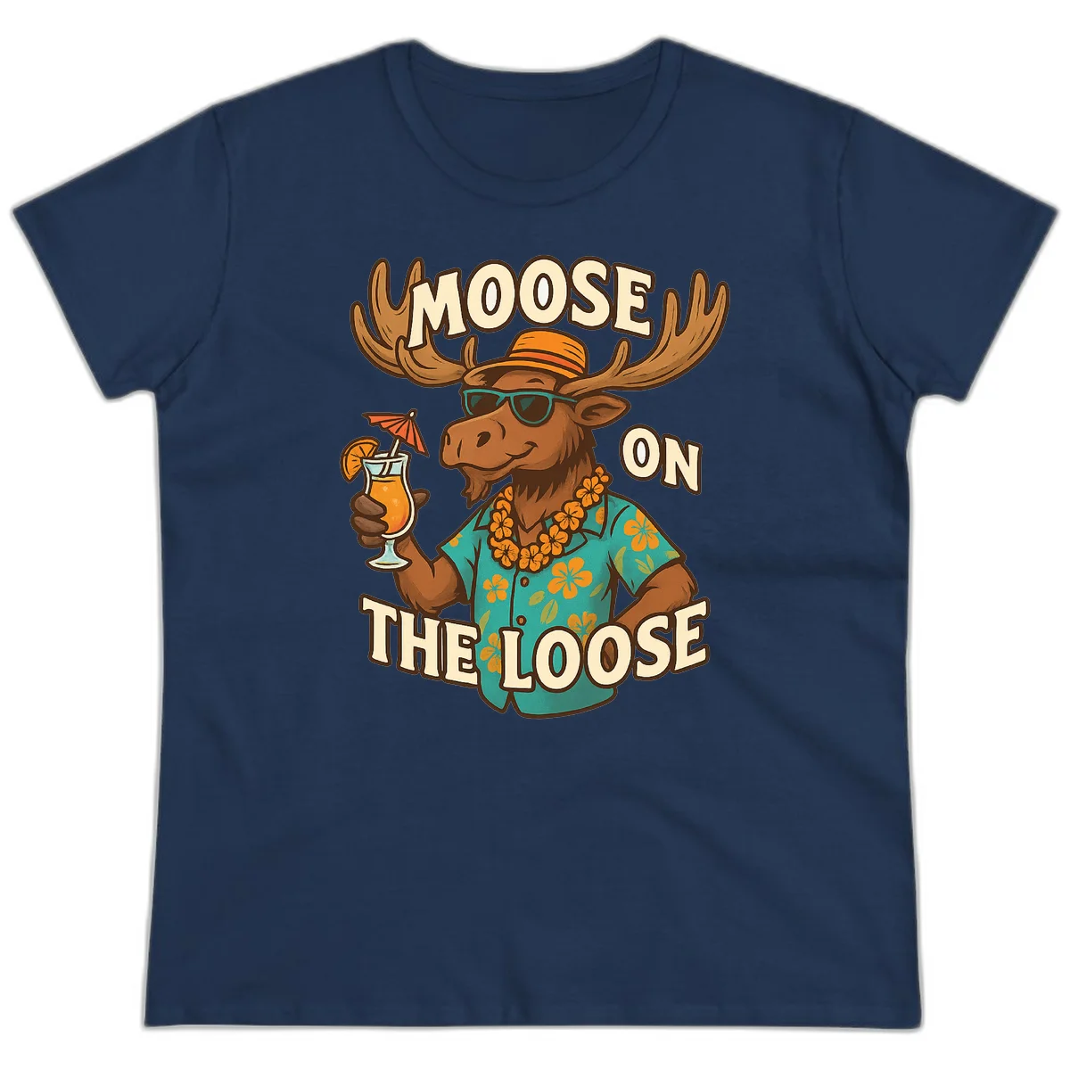 Moose On The Loose Tropical Vacation Ladies Tee in Navy