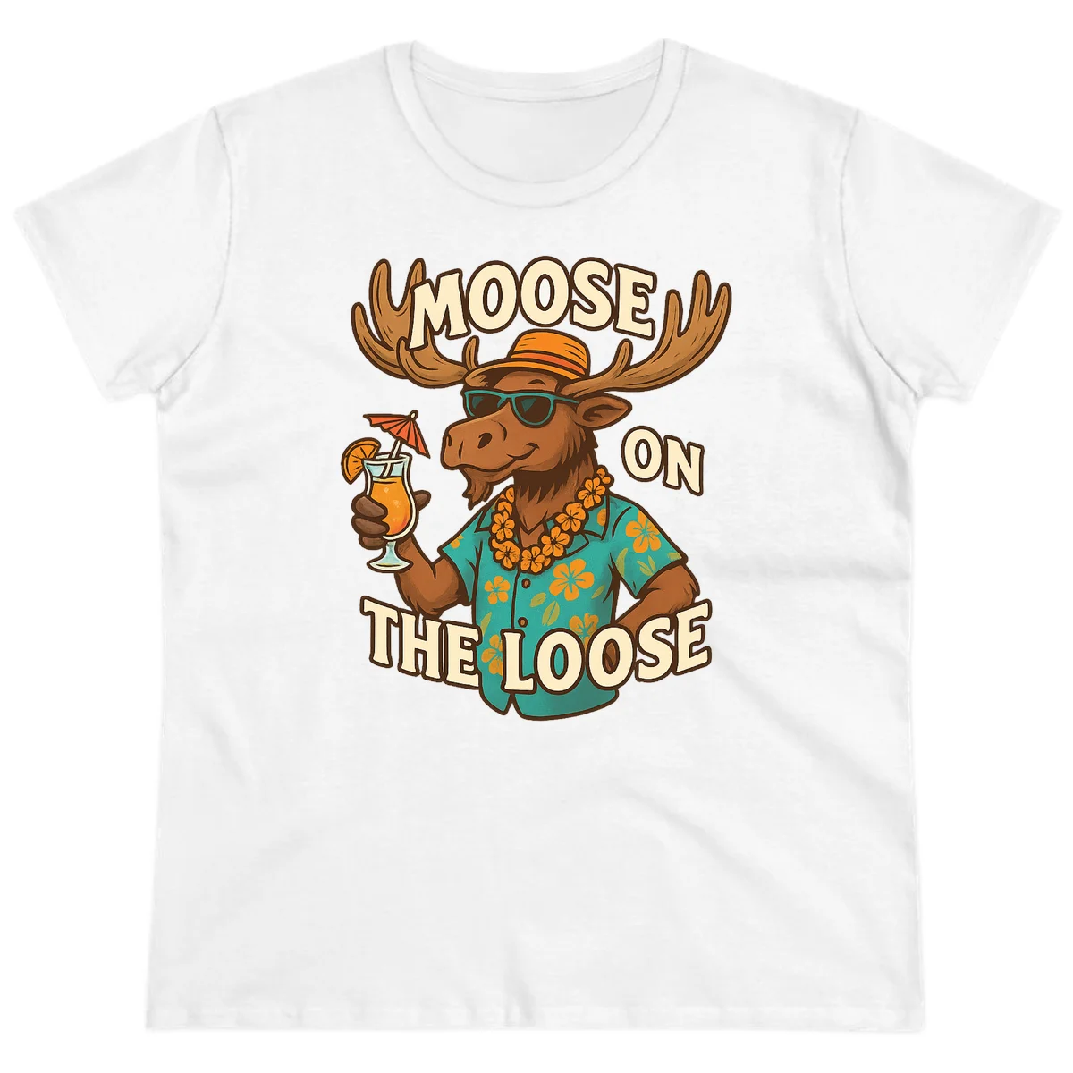 Moose On The Loose Tropical Vacation Ladies Tee in White