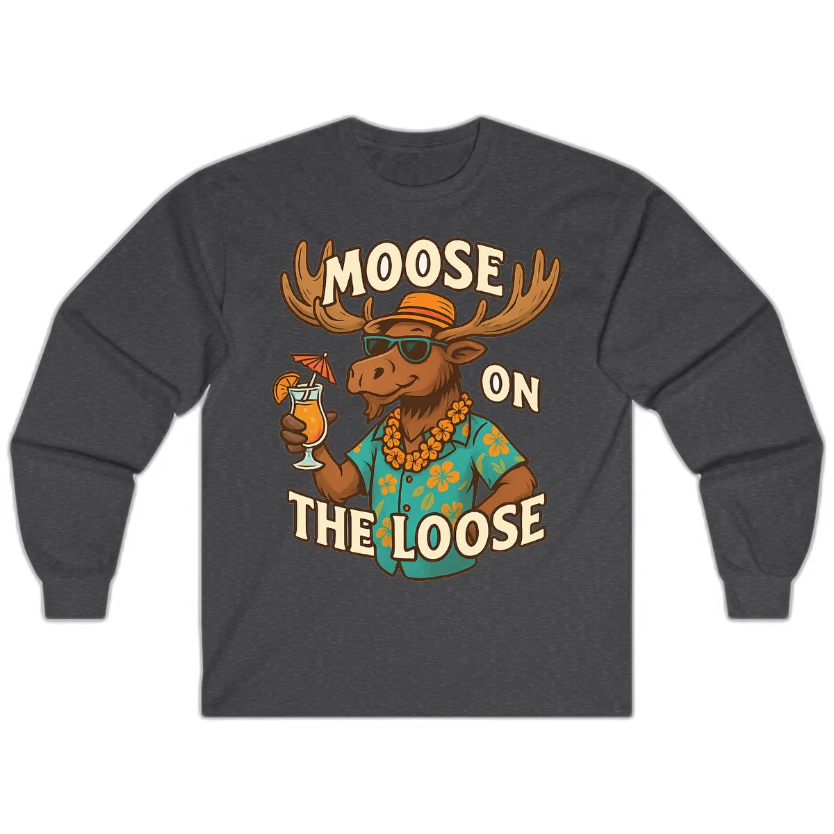 Moose On The Loose Tropical Vacation Long Sleeve in Dark Heather