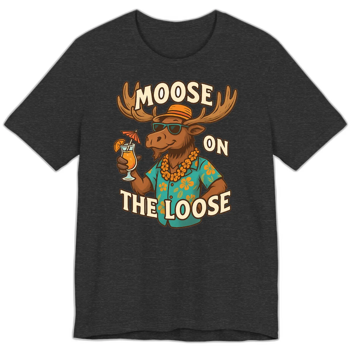 Moose On The Loose Tropical Vacation Premium T-Shirt in Dark Grey Heather