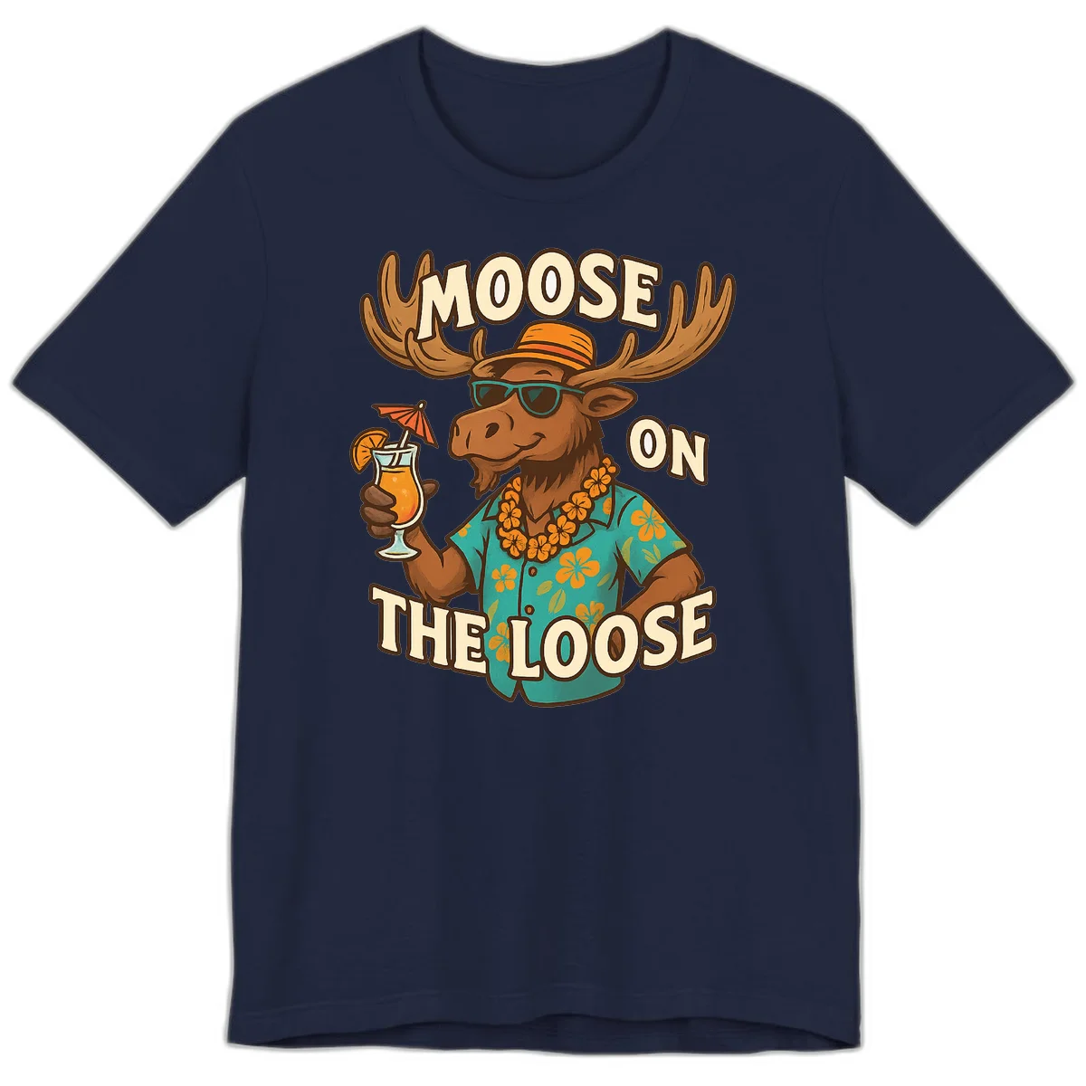 Moose On The Loose Tropical Vacation Premium T-Shirt in Navy