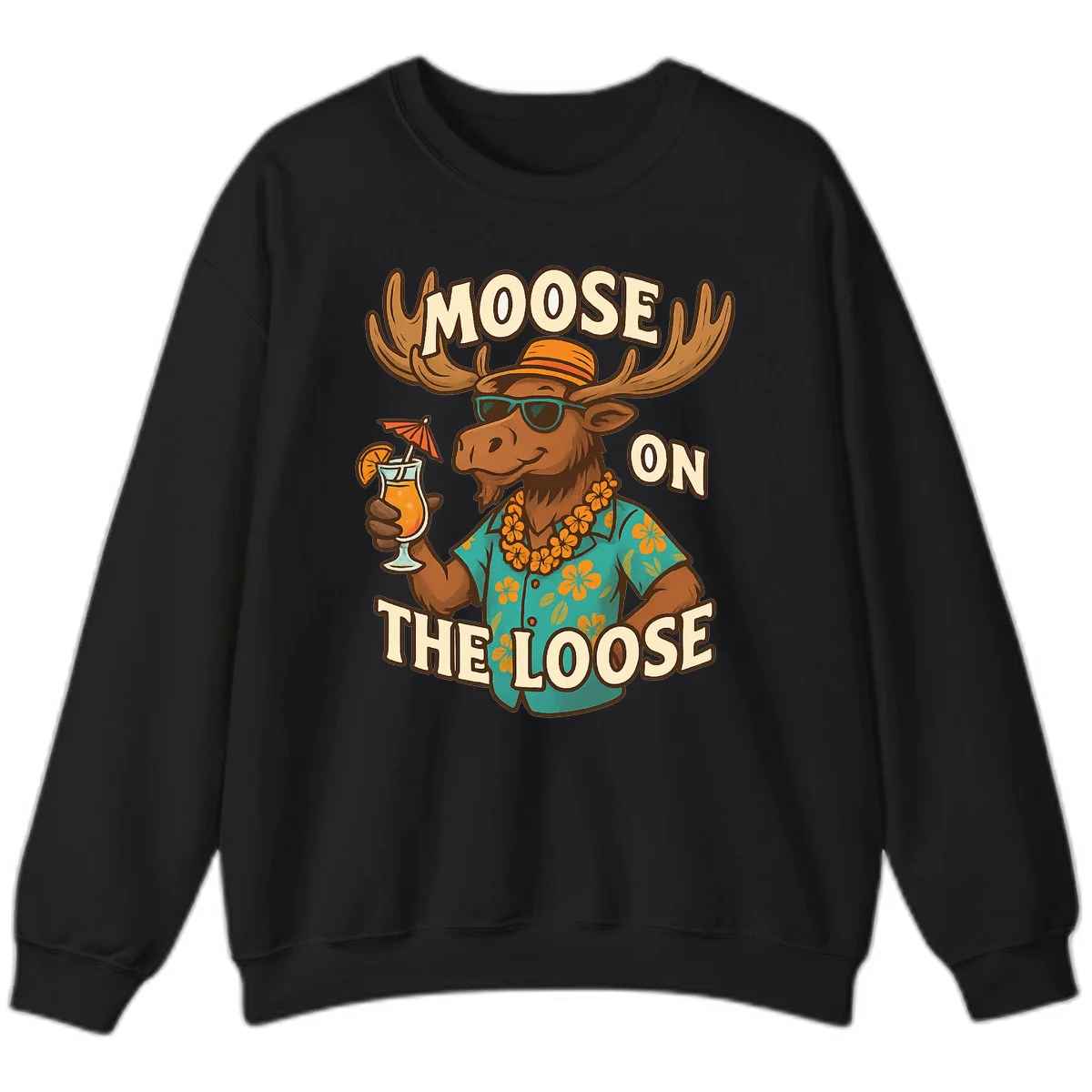 Moose On The Loose Tropical Vacation Sweatshirt in Black
