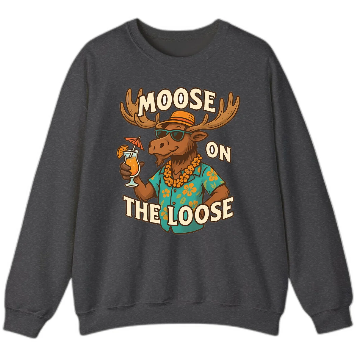 Moose On The Loose Tropical Vacation Sweatshirt in Dark Heather