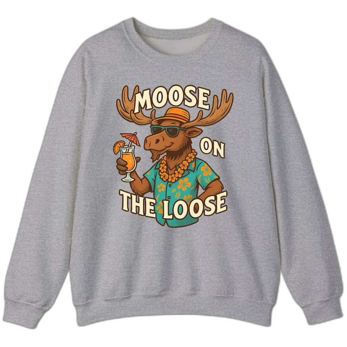 Moose On The Loose Tropical Vacation Sweatshirt in Sport Grey