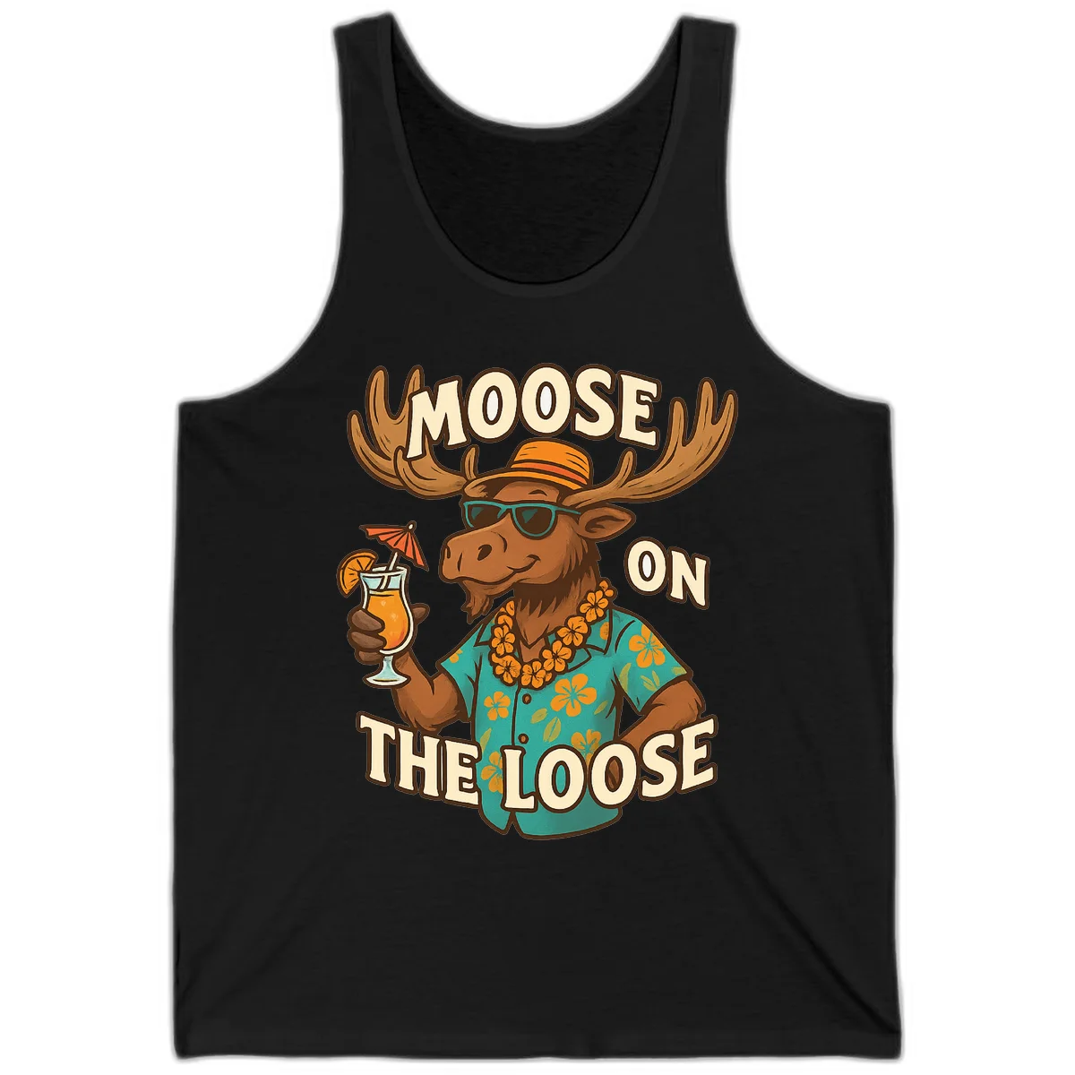Moose On The Loose Tropical Vacation Tank Top in Black