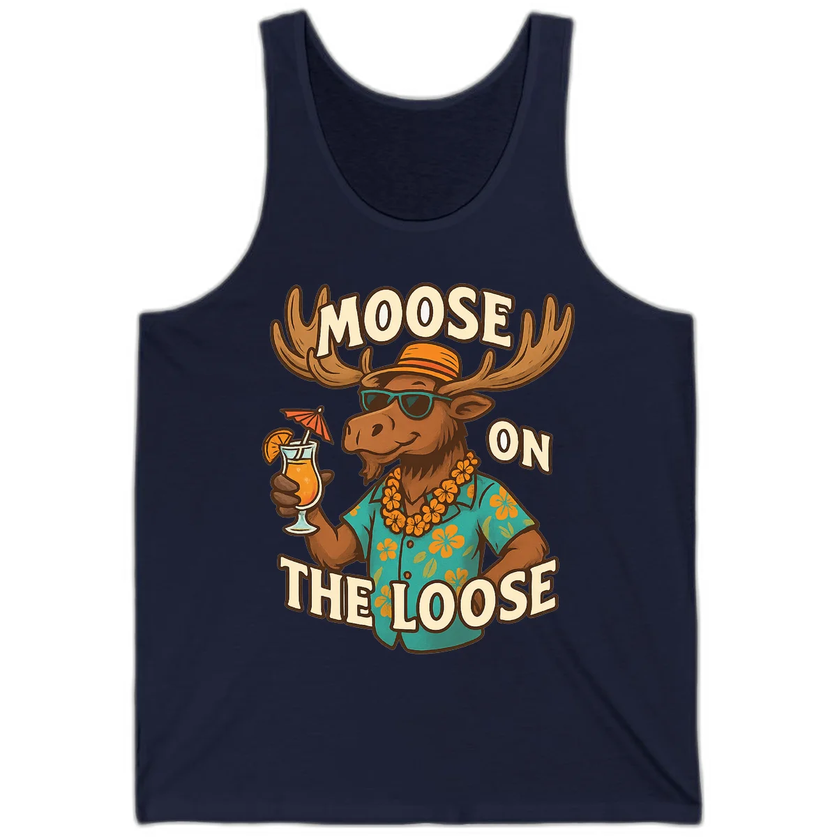 Moose On The Loose Tropical Vacation Tank Top in Navy