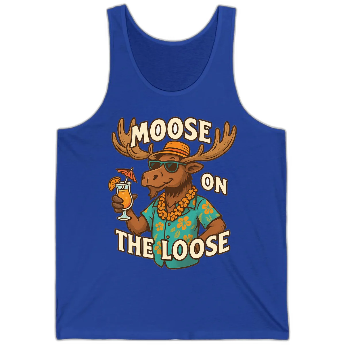 Moose On The Loose Tropical Vacation Tank Top in True Royal