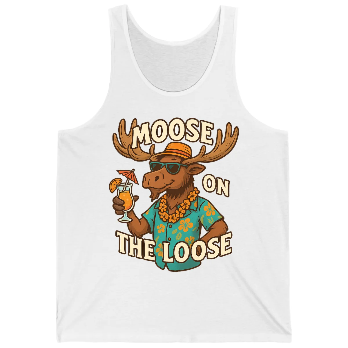 Moose On The Loose Tropical Vacation Tank Top in White