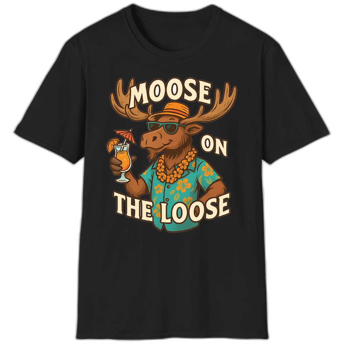 Moose On The Loose Tropical Vacation T-Shirt in Black
