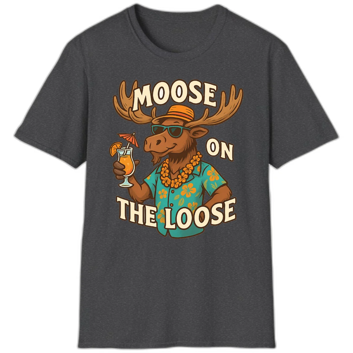 Moose On The Loose Tropical Vacation T-Shirt in Dark Heather