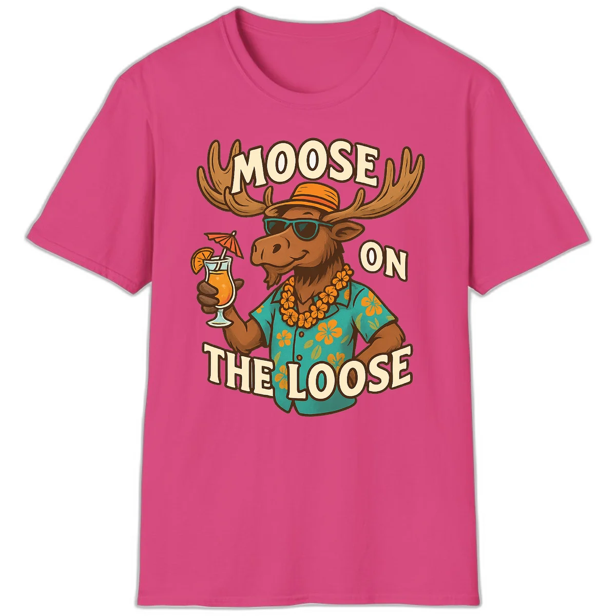 Moose On The Loose Tropical Vacation T-Shirt in Heliconia