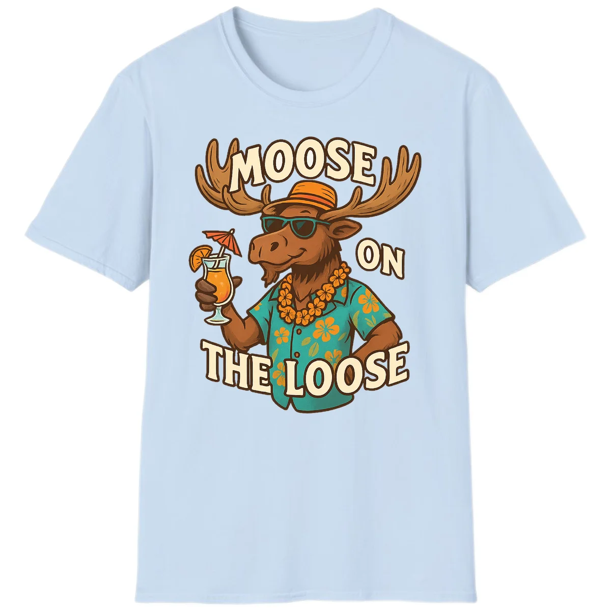 Moose On The Loose Tropical Vacation T-Shirt in Light Blue