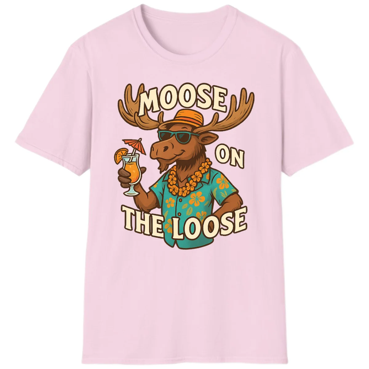 Moose On The Loose Tropical Vacation T-Shirt in Light Pink
