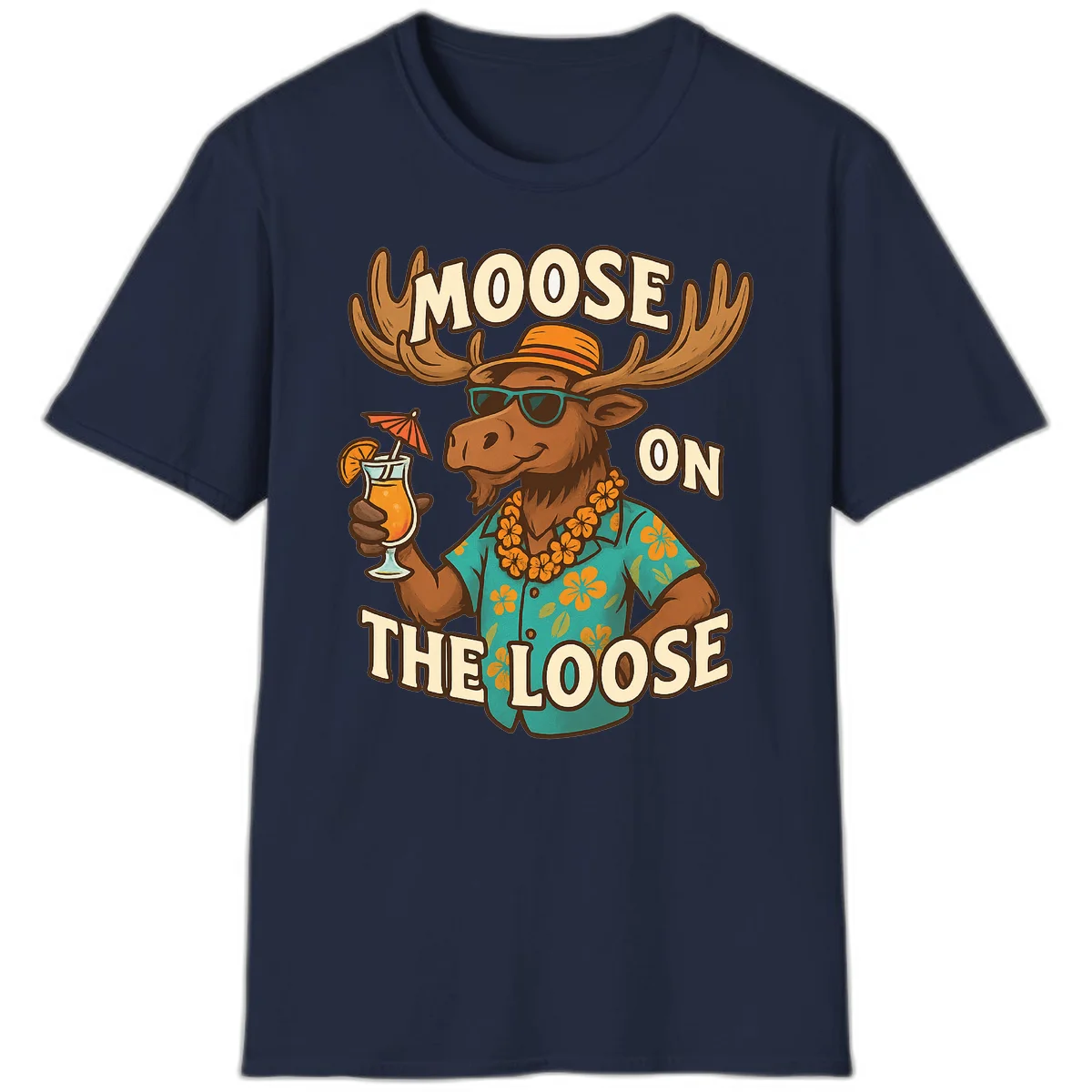 Moose On The Loose Tropical Vacation T-Shirt in Navy