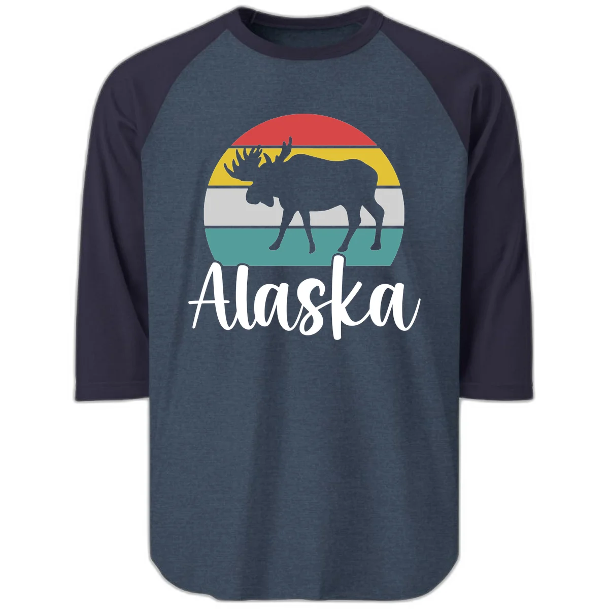 Moose Mountain Stripes Alaska Raglan 3/4 in Heather Denim Navy