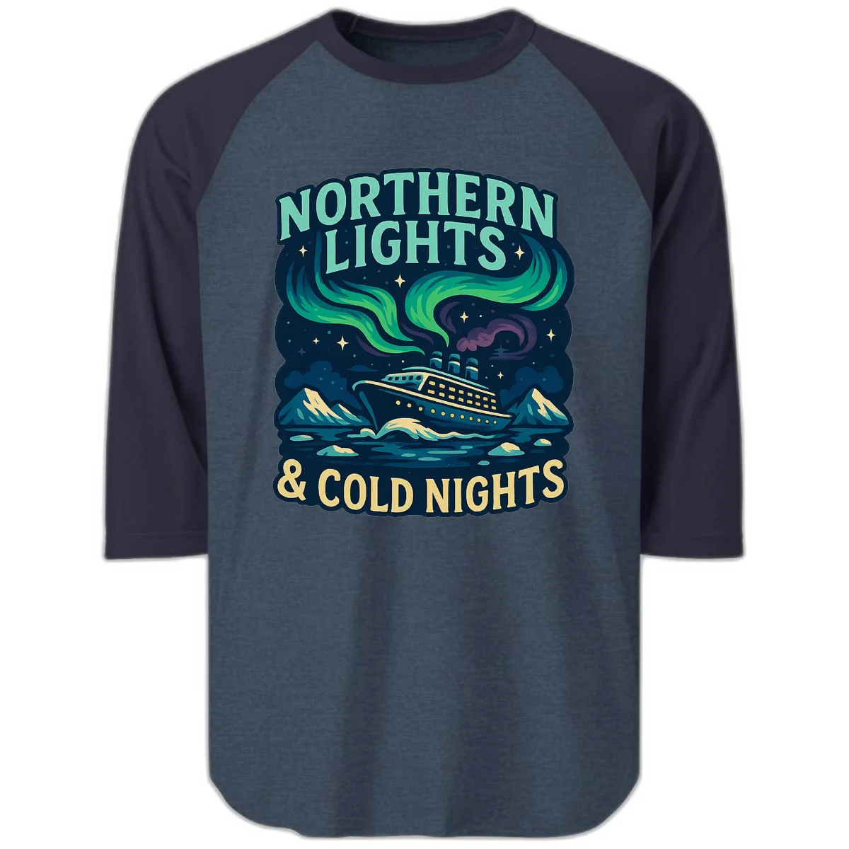 Northern Lights & Cold Nights Raglan 3/4 in Heather Denim Navy