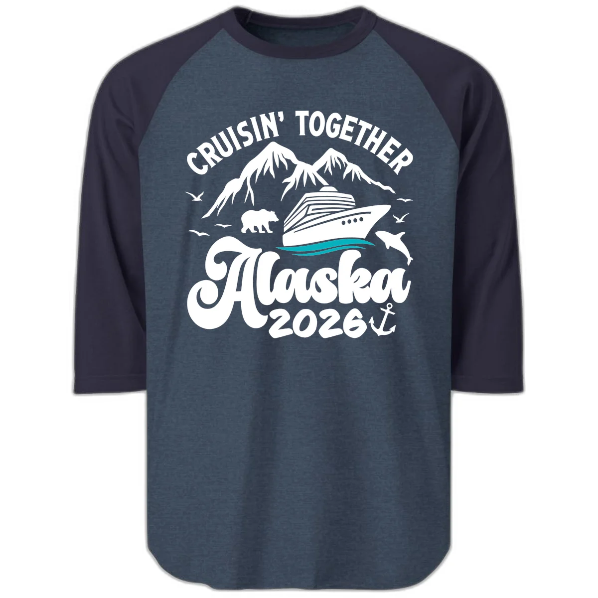 Minimalist Ocean Waves Raglan 3/4 in Heather Denim Navy