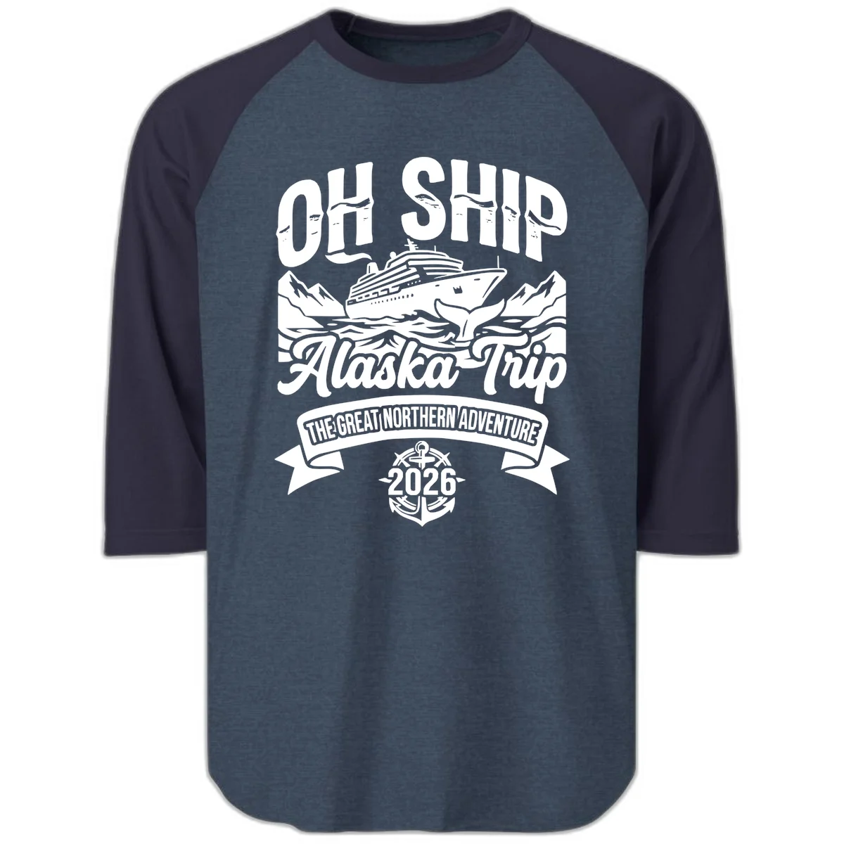 Off Ship Alaska Trip Cruise Adventure Raglan 3/4 in Heather Denim Navy