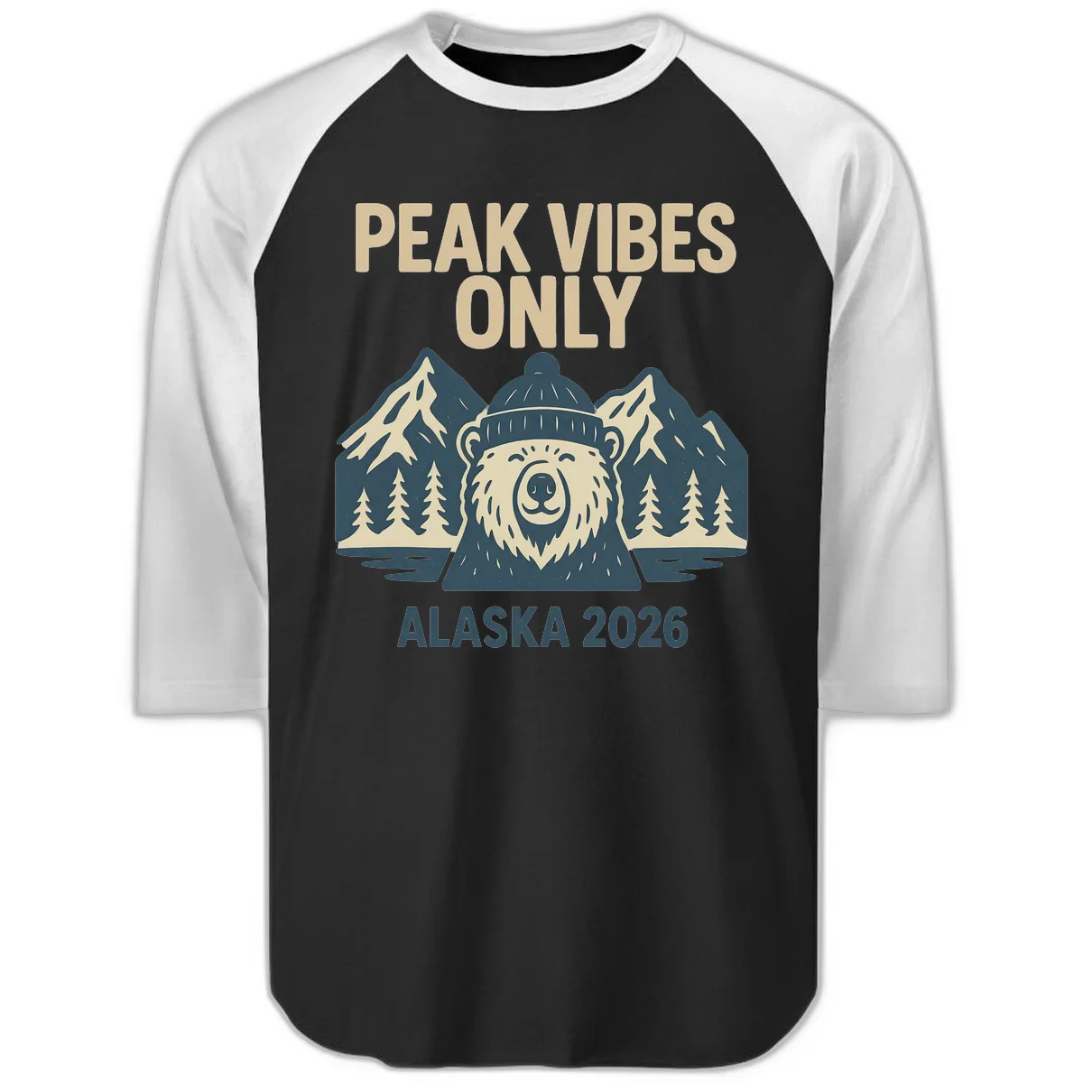 Peak Vibes Only Alaska 2026 Raglan 3/4 in Black White