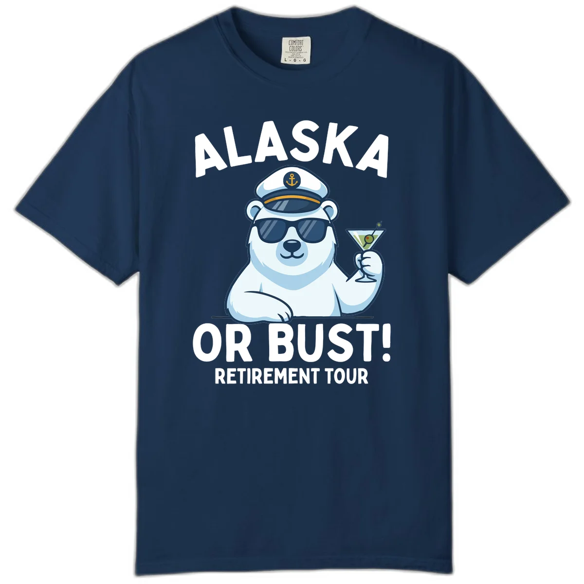 Alaska Or Bust Retirement Tour Polar Bear Comfort Color Tee in Navy
