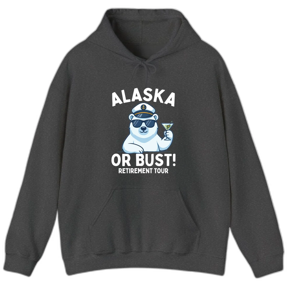 Alaska Or Bust Retirement Tour Polar Bear Hoodie in Dark Heather