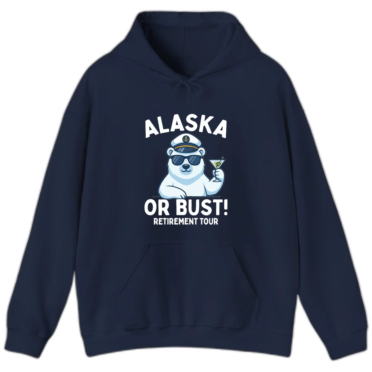 Alaska Or Bust Retirement Tour Polar Bear Hoodie in Navy