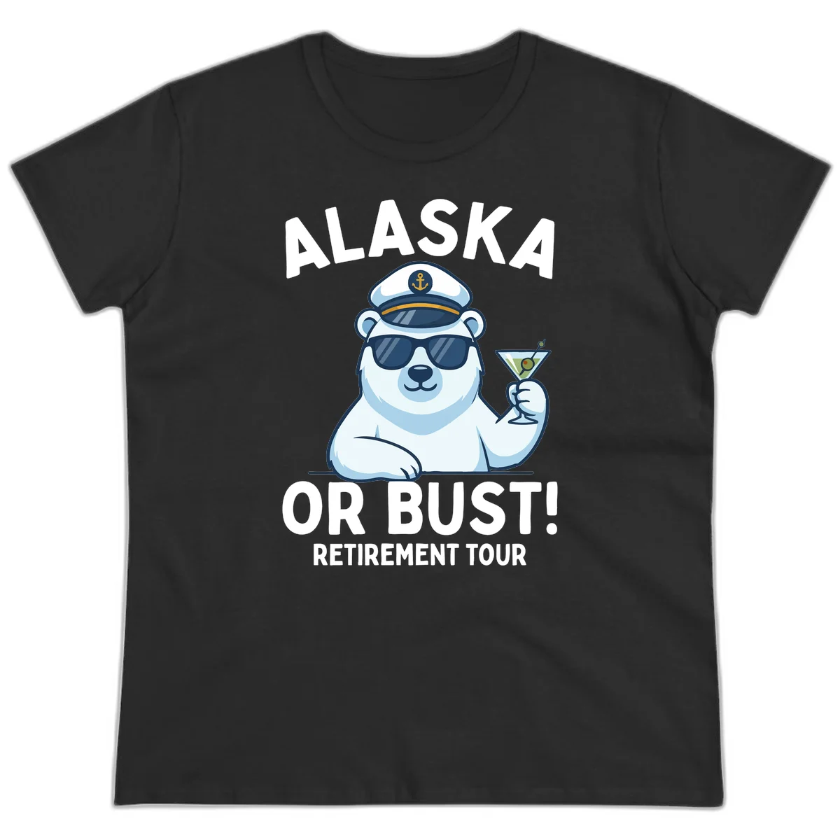 Alaska Or Bust Retirement Tour Polar Bear Ladies Tee in Black
